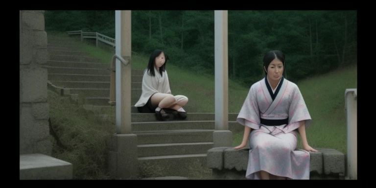 There a woman sitting on the stairs next to a man, Highlight scenes from the movie, stills from movies, award winning movie still, Still from live-action movies, Scenes from live-action movies, Scene from Movie, Still in the movie, japanese horror movie footage, Opening scene, Still in the movie, ! A cinematic scene