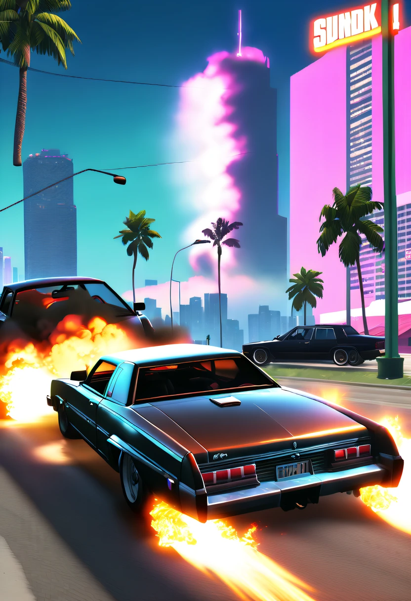 (Best quality,4K,8K,A high resolution,tmasterpiece:1.2), ultra - detailed, (actual,realistically,realisticlying:1.37), (GTA STYLE:1.5) ,A girl escapes an explosion in a car,Burning car,There are gunshots everywhere,City lights are bright at night,Reflection of neon lights on car windshield,traffic chaos, hasty, intense chase scene, Cinematic action, Night streets, high speed pursuit, on the verge of danger, the last Stand, epic showdown, dramatic climax, exciting ending, stunning visuals, Immersive atmosphere, Detailed car model, Realistic game engine, tough environment, Dynamic camera angle, Dynamic lighting effects, Realistic gunshots, dramatic music, intense emotions.(GTA Vice City, GTA 5 , GTA STYLE: 1.5),
