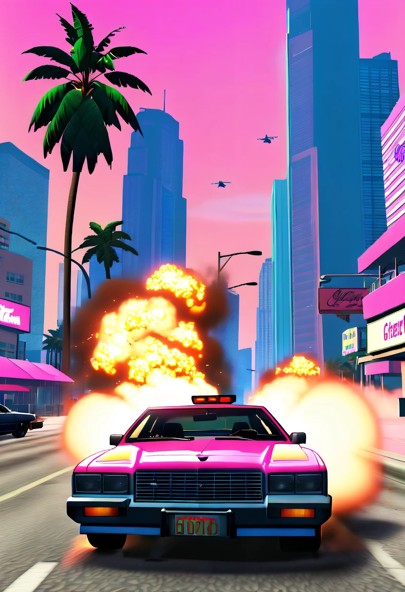 (Best quality,4K,8K,A high resolution,tmasterpiece:1.2), ultra - detailed, (actual,realistically,realisticlying:1.37), (GTA STYLE:1.5) ,A girl escapes an explosion in a car,Burning car,There are gunshots everywhere,City lights are bright at night,Reflection of neon lights on car windshield,traffic chaos, hasty, intense chase scene, Cinematic action, Night streets, high speed pursuit, on the verge of danger, the last Stand, epic showdown, dramatic climax, exciting ending, stunning  visuals, Immersive atmosphere, Detailed car model, Realistic game engine, tough environment, Dynamic camera angle, Dynamic lighting effects, Realistic gunshots, dramatic music, intense emotions.(GTA Vice City, GTA 5 cover art, GTA STYLE: 1.5),