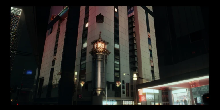 There  a tall building，There  a clock on the roof, taken from a movie, Leica 8k stills from a24 film, movie lens ar 9:16-n 6-g, cinestill 800t eastman color, architectural shots, Grainy cinematography from 1980