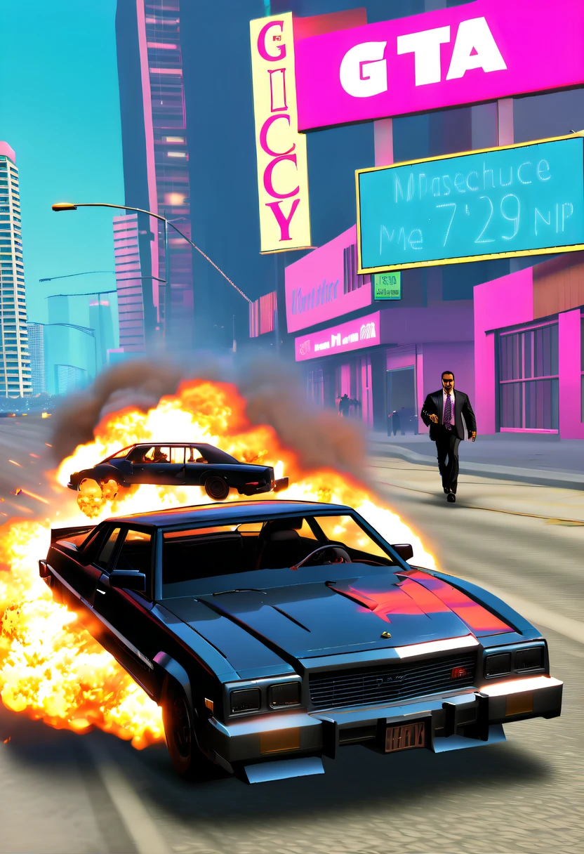(Best quality,4K,8K,A high resolution,tmasterpiece:1.2), ultra - detailed, (actual,realistically,realisticlying:1.37), (GTA STYLE:1.5) ,A girl escapes an explosion in a car,Burning car,There are gunshots everywhere,City lights are bright at night,Reflection of neon lights on car windshield,traffic chaos, hasty, intense chase scene, Cinematic action, Night streets, high speed pursuit, on the verge of danger, the last Stand, epic showdown, dramatic ??????, exciting ending, stunning visuals, Immersive atmosphere, Detailed car model, Realistic game engine, tough environment, Dynamic camera angle, Dynamic lighting effects, Realistic gunshots, dramatic music, intense emotions.(GTA Vice City, GTA 5 cover art, GTA STYLE: 1.5),