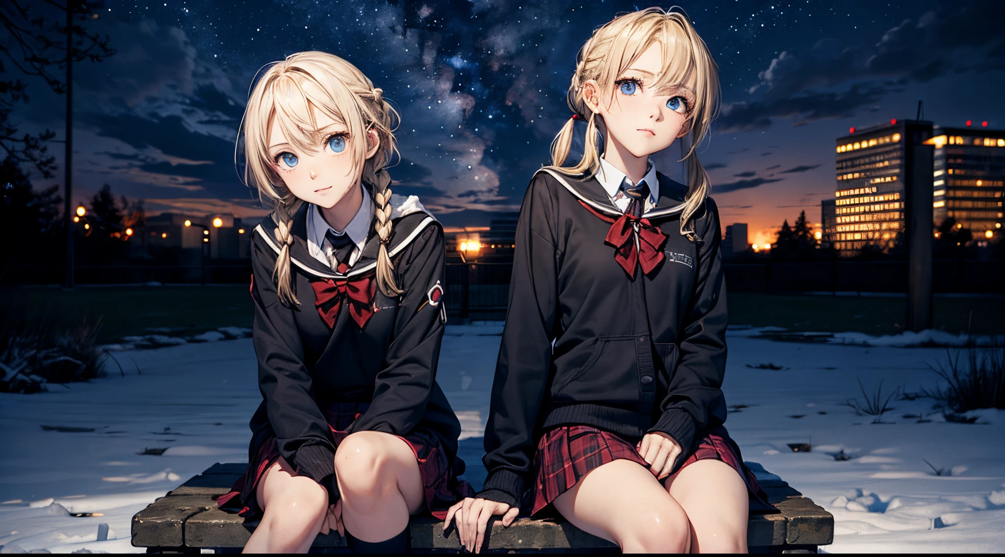 masutepiece,8K,octans, Skysky, stele(Skysky), landscapes, starrysky, natta, 1girl in, looks at the camera, piercing gaze, nigh sky, report, plein air, built, clouds, milkyway, sitting on, 城市, silhuette, Cityscape,(Short, Low twin-tailed blonde hair:1.2), (Deep Blue Eyes:1.iercing gaze, small smile, (winter school uniform:1.1)