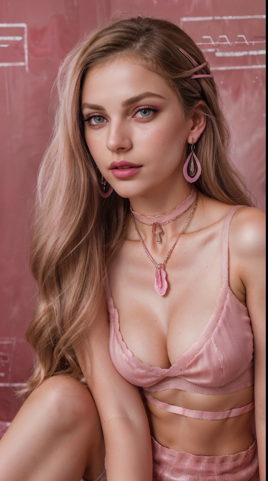 (Blond brown hair), (RAW photo, realism: 1.8), (very dark pink lip gloss), (dark jet pink lipstick), (many eyelashes), (eye shadow), (too much shy), (too much blushing), (high quality), (high resolution), (depth of field), (chromatic aberration), (caustic), (wide light), (natural colors), (22 year old woman), (innocent face), (cute face), (lovely chicks) (necklaces), ((nose pin)), (chokers), (earring), (bracelets), (wear many accessories), (very soft pink fair large breasts), very good clothing), (style A good woman), (pink silk salvar kameez), (dupatta), (beautiful pink fair skin), (beautiful legs), (lots of exposure), (very line), (figure that looks delicious), (long and brod lips),
