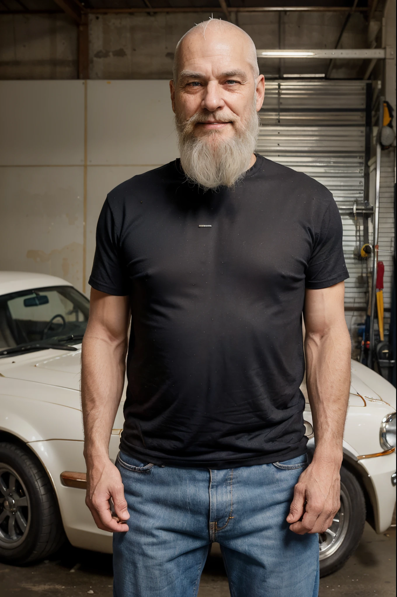 (elderly man in his 50s) (old grandfather) (shaved head, shaved hair) (big beard, long beard) (fat body, belly), ((white hair)) (straight hair) (blue eyes) (skin white) smile expression, happy, confident look. full body, western face, ((Location: garage)), expression marks, wrinkles, old face, old body, big eyes (smiling face) standing, day. ((standing)) front view (looking at the viewer)((wrinkled body, old body, elderly, grandfather, wrinkles on the body, tired body)) black jeans, finger glove, black t-shirt