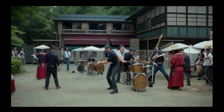 There are many people playing drums in a yard,The background a building, Scenes from live-action movies, Well-choreographed fight scenes, Still from live-action movies, action scene from the film, Opening scene, fighting scene, screenshots from movies, Scene from Movie, Scene from Movie, Highlight scenes from the movie, filmed in movies, favorite scene