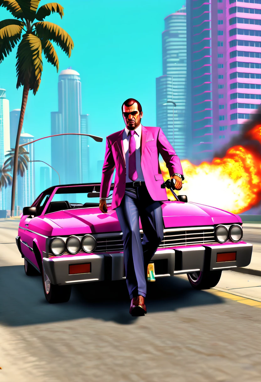 (Best quality,4K,8K,A high resolution,tmasterpiece:1.2), ultra - detailed, (actual,realistically,realisticlying:1.37), (GTA STYLE:1.5) ,A girl escapes an explosion in a car,Burning car,There are gunshots everywhere,City lights are bright at night,Reflection of neon lights on car windshield,traffic chaos, hasty, intense chase scene, Cinematic action, Night streets, high speed pursuit, on the verge of danger, the last Stand, epic showdown, dramatic climax, exciting ending, stunning  visuals, Immersive atmosphere, Detailed car model, Realistic game engine, tough environment, Dynamic camera angle, Dynamic lighting effects, Realistic gunshots, dramatic music, intense emotions.(GTA Vice City, GTA 5 cover art, GTA STYLE: 1.5),