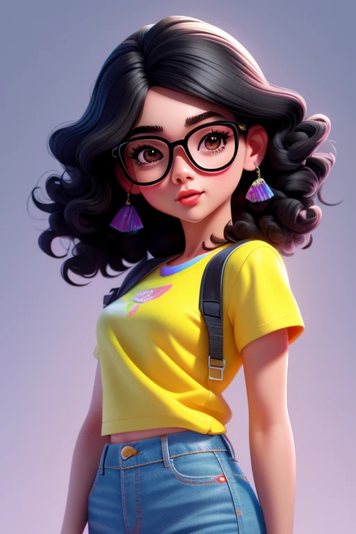 -yeld wo Spanish Araf looking black curly hair clear face wearing glasses betty la fea big eyebrows (detailed),cute clear face,detailed unblurred face,alanis guillen-like,illustrative medium,oil painting medium,soft brush strokes,pencil sketch details,vibrant colors,stylish and modern background, black t-shirt black shirt from cover of Taylor Swift and jeans, tumblr, toyism, eighties look, 90s style, 9 0 s vibe, 90’s vibe vivid and dreamy lighting,shadow play-contrast lighting,best quality,high-res masterpiece:1.2,detailed and realistic,sharp focus,professional,stunning bokeh