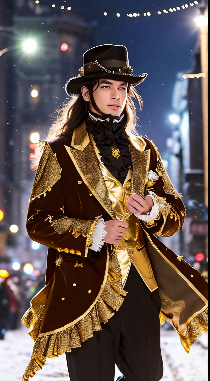 (illustratio)The theme is gold、clothes are gold、Perfect human body、christmas night、(((He was wearing a Santa suit with lots of frills...、victorian santa costume)))、Beautuful Women、dancing in the snowy city、long skirt、hair adornments、kirakira、tights、Crowds、large hat