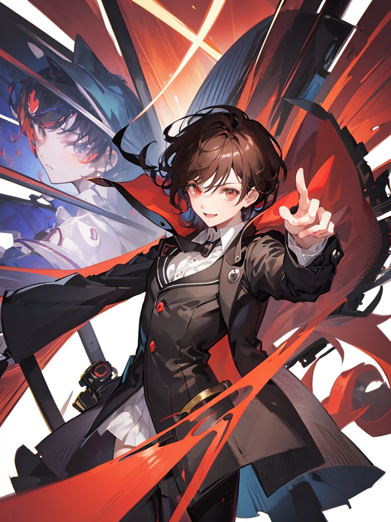 1 boy 1 girl, anime character dressed in a black suit, steampunk-y suit, 2 d anime style, 2 d anime, tall anime guy with brown hair wielding a gun, with his red haired female puppet sidekick wielding a sword, persona 5 phantom thief style, 2 d art, 2d art, shigenori soejima illustration, yu - no, male anime character, he wearing a top hat, persona art style, zerochan, zerochan art, smiling