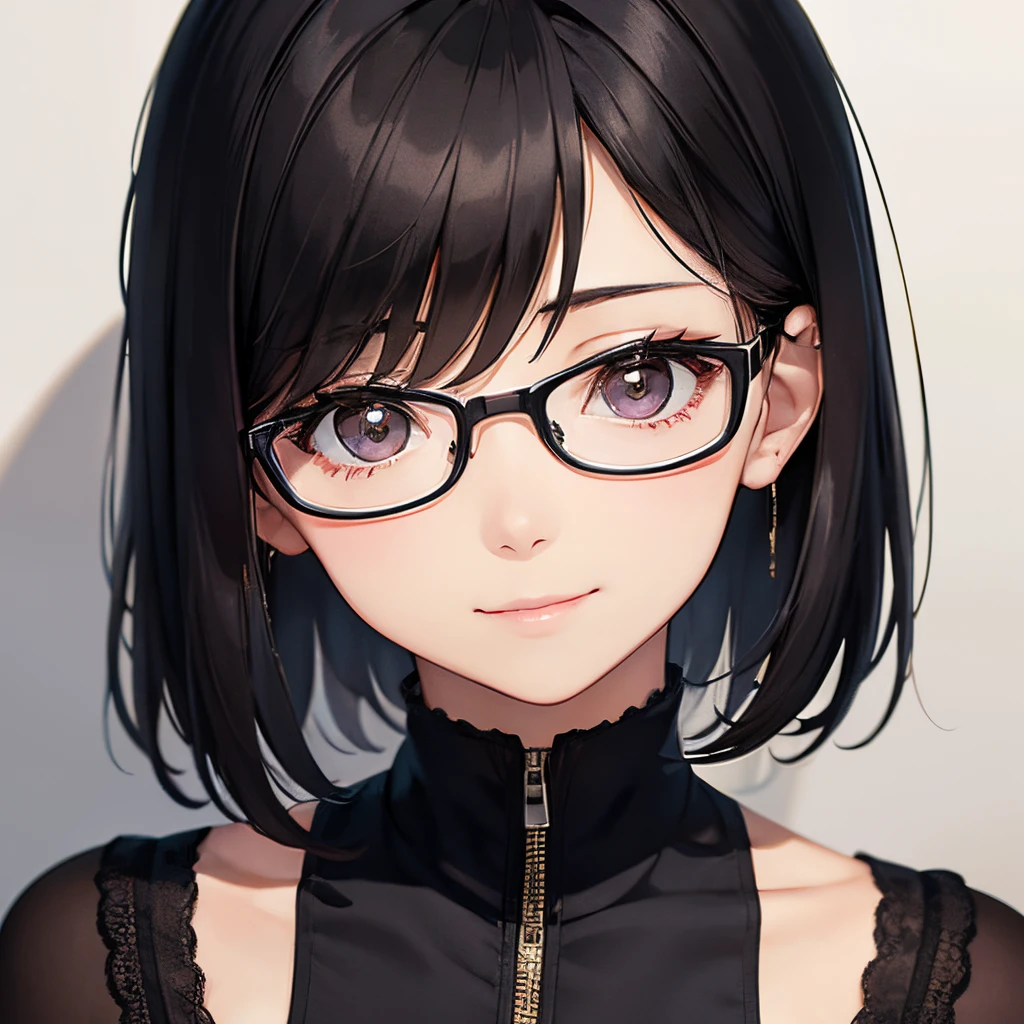 One woman, Japan people in their 20s, symmetrical beauty, Small face, sharp outline, A dark-haired, Shoulder length short bob hair, Curly hair, The hair near the shoulders should have strong waves., With bangs, thick eyebrow, 二重まぶた, drooing eyes, Small nose, Thicker lips, (Rimless glasses, Small glasses, glasses for women), Wheat-toned skin, H Cup, a smile, A slight smil, directly in front of the camera, looking directly at the viewer, Looking at the camera.