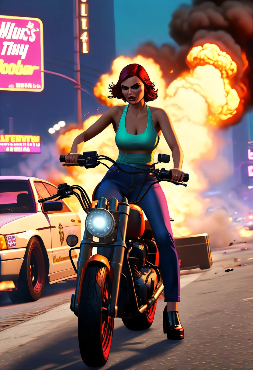 (Best quality,4K,8K,A high resolution,tmasterpiece:1.2), ultra - detailed, (actual,realistically,realisticlying:1.37), (GTA STYLE:1.5) ,A girl escapes an explosion in a car,Burning car,There are gunshots everywhere,City lights are bright at night,Reflection of neon lights on car windshield,traffic chaos, hasty, intense chase scene, Cinematic action, Night streets, high speed pursuit, on the verge of danger, the last Stand, epic showdown, dramatic climax, exciting ending, stunning visuals, Immersive atmosphere, Detailed car model, Realistic game engine, tough environment, Dynamic camera angle, Dynamic lighting effects, Realistic gunshots, dramatic music, intense emotions.