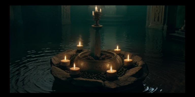 Close-up of lit candle in stone bowl, Flooded temple ritual scene, , Flame incantation, from wizard (2021), Mystery from Netflix, still from loki ( 2 0 2 1 ), home wicca scene, taken from a movie, Still from a fantasy movie, Detailed cinematic footage, demonic shrine, Atmospheric establishing shot