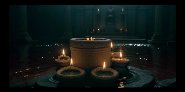 Close-up of lit candle in stone bowl, Flooded temple ritual scene, , Flame incantation, from wizard (2021), Mystery from Netflix, still from loki ( 2 0 2 1 ), home wicca scene, taken from a movie, Still from a fantasy movie, Detailed cinematic footage, demonic shrine, Atmospheric establishing shot