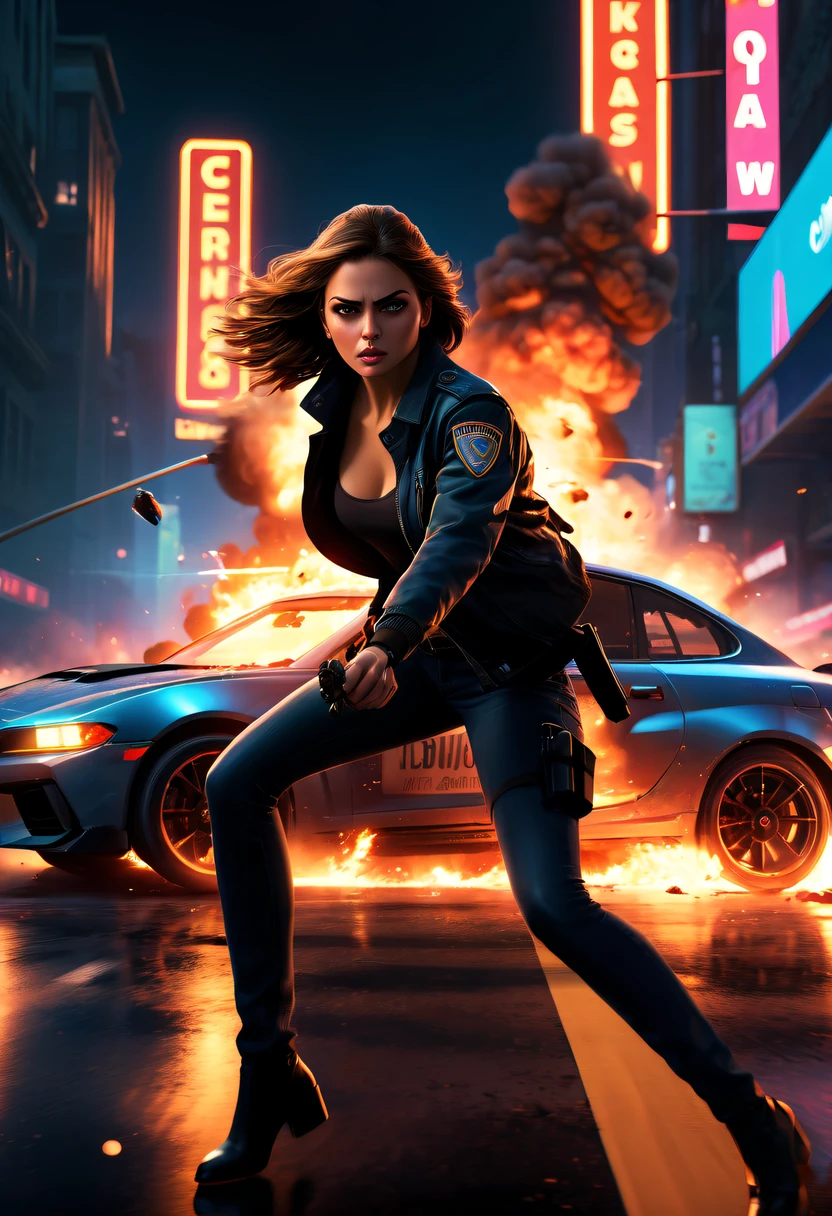 A girl escapes an explosion in a car,Burning car,There are gunshots everywhere,City lights are bright at night,Reflection of neon lights on car windshield,traffic chaos, hasty, intense chase scene, Cinematic action, Night streets, high speed pursuit, on the verge of danger, the last Stand, epic showdown, dramatic climax, exciting ending, stunning  visuals, Immersive atmosphere, Detailed car model, Realistic game engine, tough environment, Dynamic camera angle, Dynamic lighting effects, Realistic gunshots, dramatic music, intense emotions.