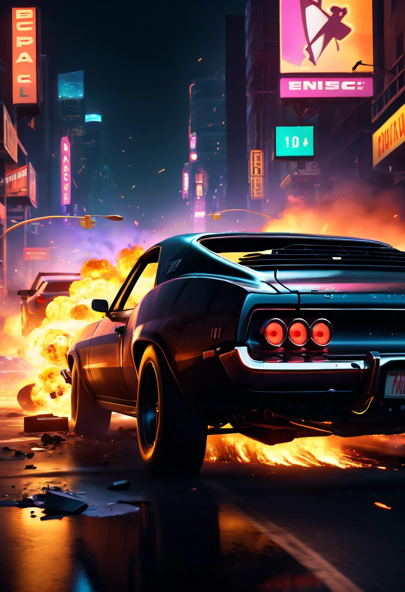 A girl escapes an explosion in a car,Burning car,There are gunshots everywhere,City lights are bright at night,Reflection of neon lights on car windshield,traffic chaos, hasty, intense chase scene, Cinematic action, Night streets, high speed pursuit, on the verge of danger, the last Stand, epic showdown, dramatic climax, exciting ending, stunning visuals, Immersive atmosphere, Detailed car model, Realistic game engine, tough environment, Dynamic camera angle, Dynamic lighting effects, Realistic gunshots, dramatic music, intense emotions.
