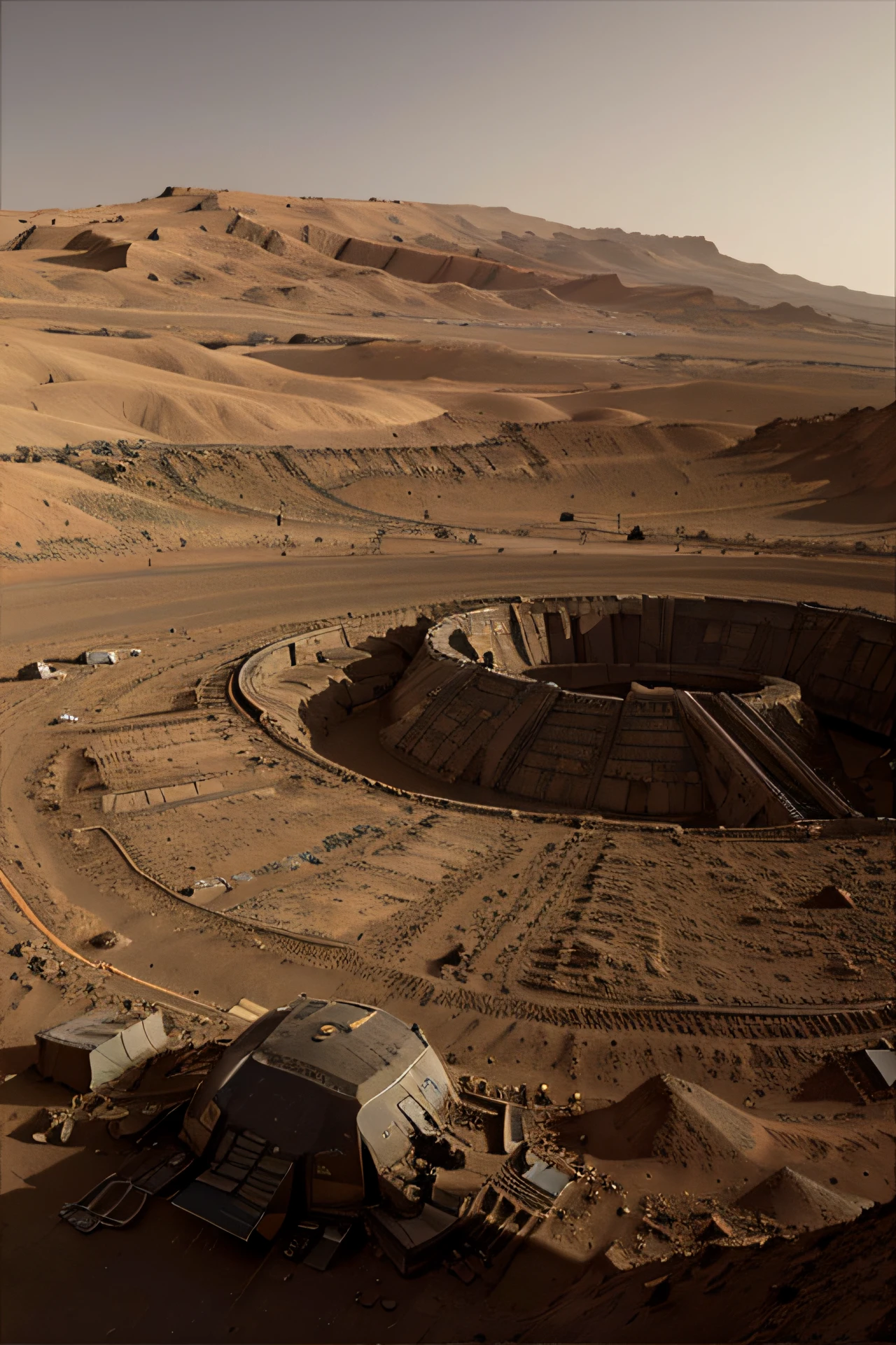 panoramic view of the surface of mars, start of construction of the city on Mars