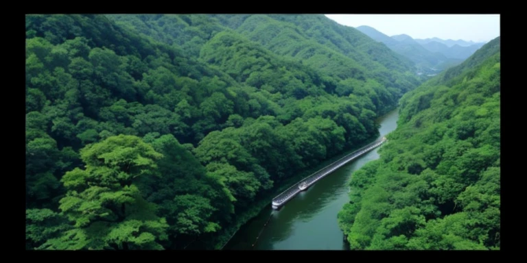 Beautiful view of a river flowing through a lush green forest, Dense forests in Japan, forest and river, Still from a nature documentary, with trees and rivers, Japan’s Green Gold Forest, Still from nature documentaries, Mountains, rivers and trees, japan nature, Indigo Forest in Japan, rios、trees and hills, floresta exuberante, Bird's eye view of Xinchuanyang Temple