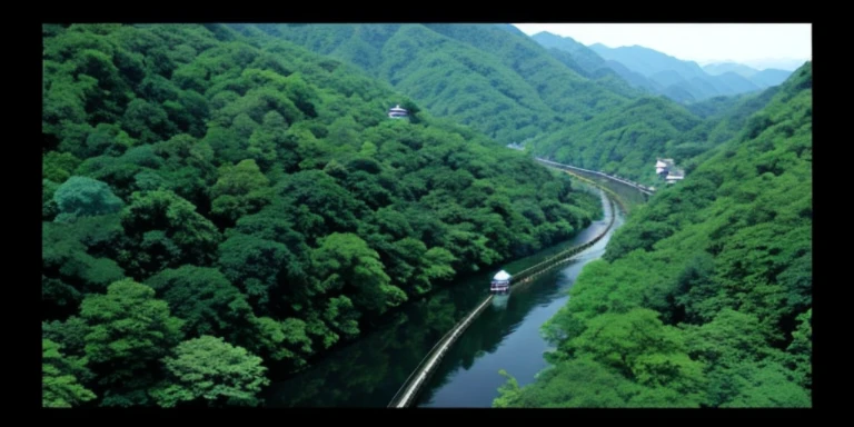 Beautiful view of a river flowing through a lush green forest, Dense forests in Japan, forest and river, Still from a nature documentary, with trees and rivers, Japan’s Green Gold Forest, Still from nature documentaries, Mountains, rivers and trees, japan nature, Indigo Forest in Japan, rios、trees and hills, floresta exuberante, Bird's eye view of Xinchuanyang Temple