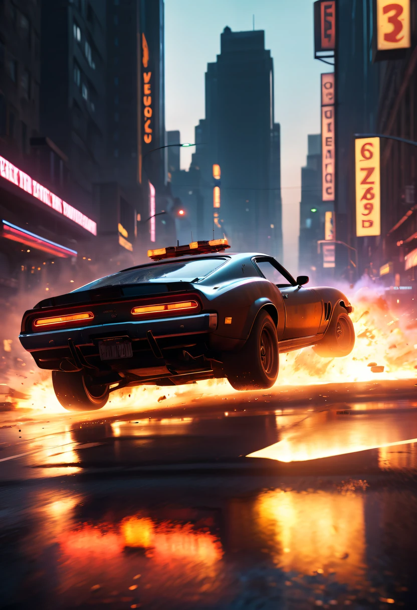 A girl escapes an explosion in a car,Burning car,There are gunshots everywhere,City lights are bright at night,Reflection of neon lights on car windshield,traffic chaos, hasty, intense chase scene, Cinematic action, Night streets, high speed pursuit, on the verge of danger, the last Stand, epic showdown, dramatic climax, exciting ending, stunning visuals, Immersive atmosphere, Detailed car model, Realistic game engine, tough environment, Dynamic camera angle, Dynamic lighting effects, Realistic gunshots, dramatic music, intense emotions.