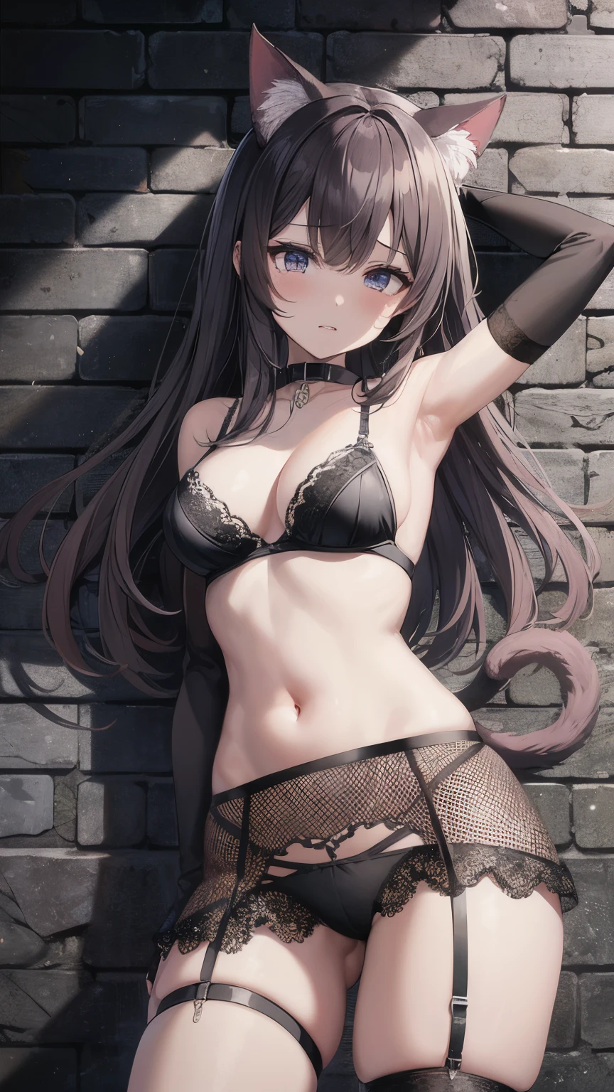 1girl, cat ears, cat tail, animal collar, garter belt, garter straps, underwear, lace trimmed bra, side-tie panties, arms up, restrained, bound, bound legs, captured, captured, tears, tearing up, brick wall, chain, indoors, slave, Standing, Against the wall, Face the body forward