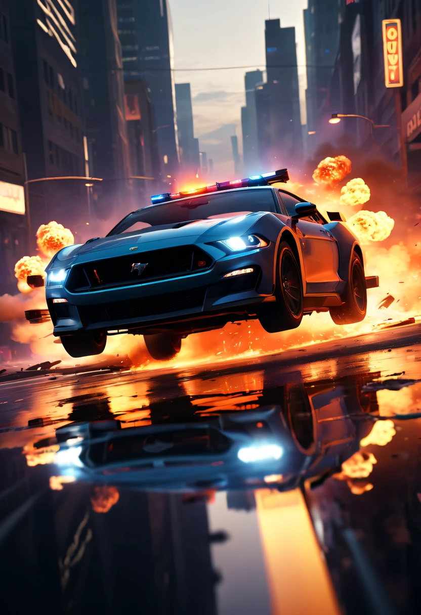 A girl escapes an explosion in a car,Burning car,There are gunshots everywhere,City lights are bright at night,Reflection of neon lights on car windshield,traffic chaos, hasty, intense chase scene, Cinematic action, Night streets, high speed pursuit, on the verge of danger, the last Stand, epic showdown, dramatic climax, exciting ending, stunning visuals, Immersive atmosphere, Detailed car model, Realistic game engine, tough environment, Dynamic camera angle, Dynamic lighting effects, Realistic gunshots, dramatic music, intense emotions.