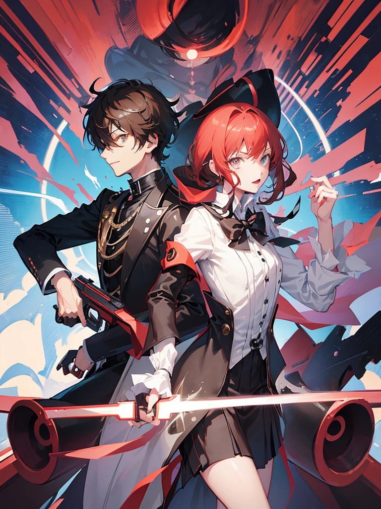 1 boy 1 girl, anime character dressed in a black suit, steampunk-y suit, 2 d anime style, 2 d anime, tall anime guy with brown hair wielding a gun, with his red haired female puppet sidekick wielding a sword, persona 5 phantom thief style, 2 d art, 2d art, shigenori soejima illustration, yu - no, male anime character, he wearing a top hat, persona art style, zerochan, zerochan art, smiling