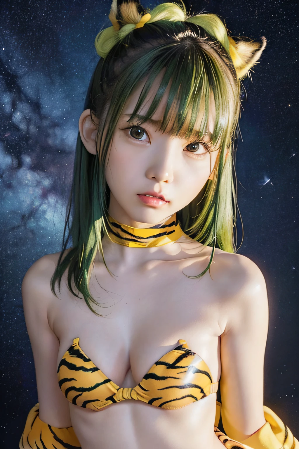 (starryskybackground)、masutepiece, Best Quality, 8K、(long green hair)、Yellow base、Tiger print bikini, ((Strapless))、Tiger print boots、yellow triangular scrunchie、小柄、Slimed、flat body、(small tits:1.5)、Realistic Professional Lighting、Angry face