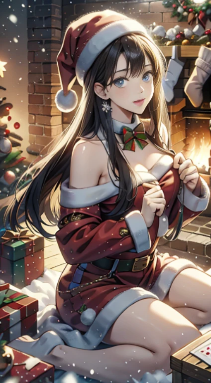 santa claus, handsome face, anime, making toys and getting ready to give gifts, christmas tree, snow, christmas lights, fireplace, presents, cozy vibes, merry christmas, wreath, mistletoe