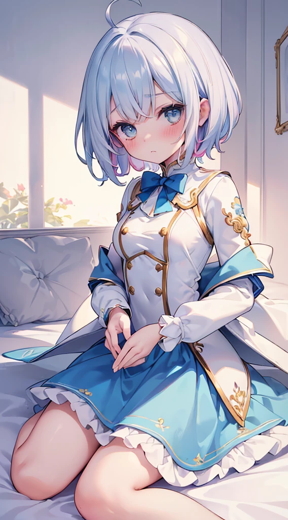 (Masterpiece, Slim Body, Delicate Fingers: 1.2), Best Quality, (Illustration: 1.2), (Hyper Detail), Eye Focus, Ultra Detail, (Fine Detail), (Intricate Detail), HDR, (Ultra Detail: 1.15), (Soft Light: 1.2), (1 girls), Wear, ((nobility lady cloth), (neat outfit:1.5), (costume with blue accents: 1.2), (white shirt) , (blue jacket: 1.3), (short white pant), (White hair and blue highlights),cyan eyes, teenager, medium, short hair, solo, multicolored hair, ahoge, (medium breasts:1.2), high quality, best quality, full body image,(blushing:1.3), ((loli:1.5)