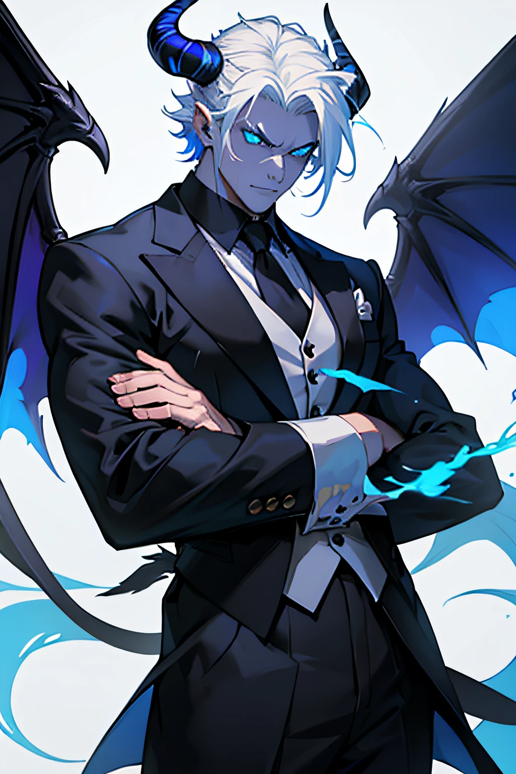 I am a beautiful young white-haired demon of pride, dressed in black formal attire with blue markings that highlight my demonic power. A pair of horns on top of my head and a pair of wings serve as a reminder to those who doubt my abilities., while a flaming blue tail completes my frightening appearance. My eyes are a burning blue, capable of striking fear in the hearts of even the most daring souls. Although I may be seen as cruel and inflexible by some, eu'I'm just displaying the strength that befits a demon of pride. macho. somente