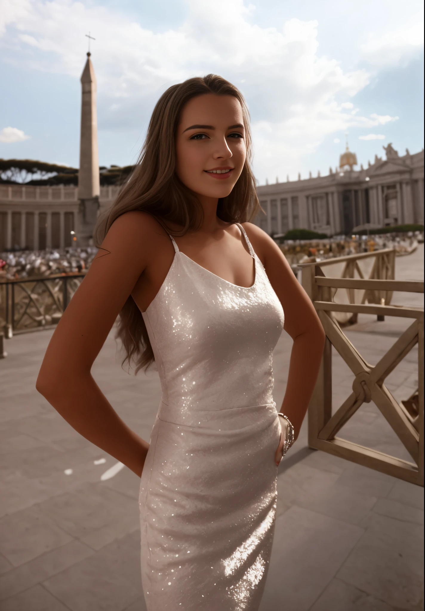 young  woman in a white dress standing in front of a building, wearing silver dress, style blend of the vatican