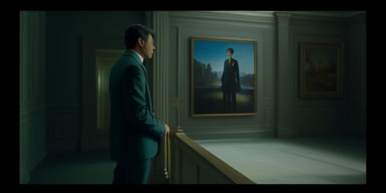 There a man standing in front of a painting in the room, Still from live-action movies, Very realistic movie still, Surreal movie movie stills, screenshots from movies, stills from movies, Scenes from live-action movies, Still in the movie, cinematic ligh《artill, Still in the movie, Still from the movie, Still in the movie