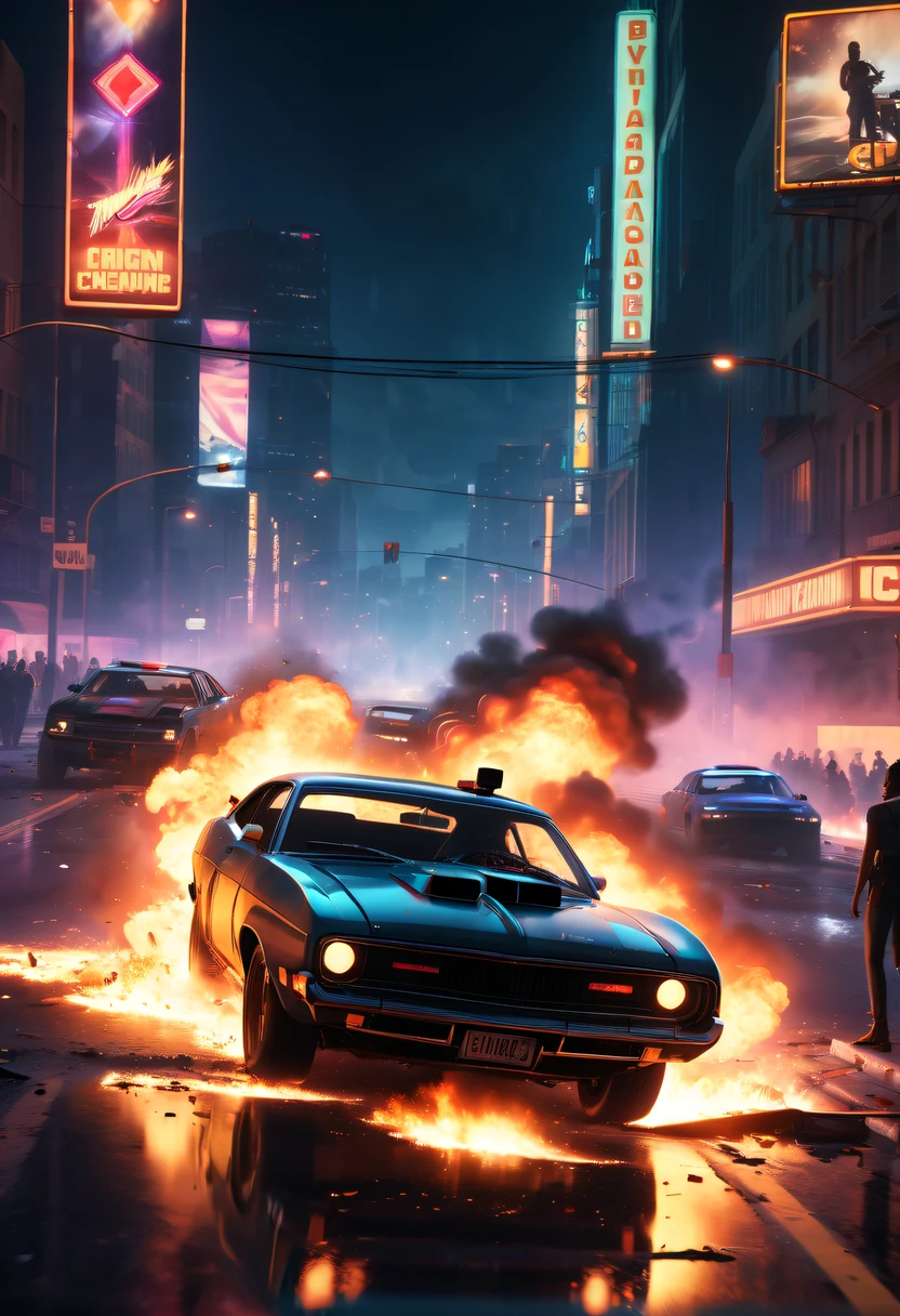 A girl escapes an explosion in a car,Burning car,There are gunshots everywhere,City lights are bright at night,Reflection of neon lights on car windshield,traffic chaos,  hasty, intense chase scene, Cinematic action, Night streets, high speed pursuit, on the verge of danger, the last Stand, epic showdown, dramatic climax, exciting ending, stunning  visuals, Immersive atmosphere, Detailed car model, Realistic game engine, tough environment, Dynamic camera angle, Dynamic lighting effects, Realistic gunshots, dramatic music, intense emotions.