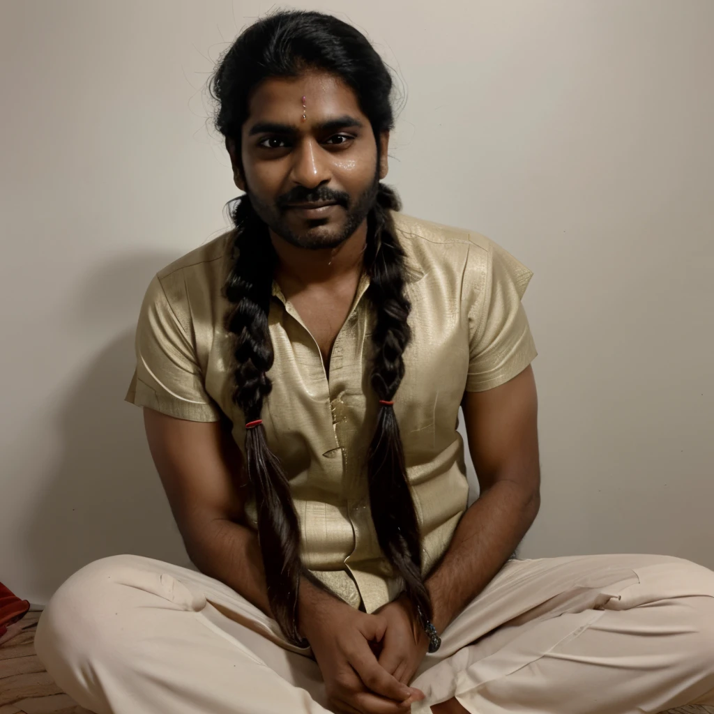 An Indian man with knee length extremely thick hair made into a sleek huge braid