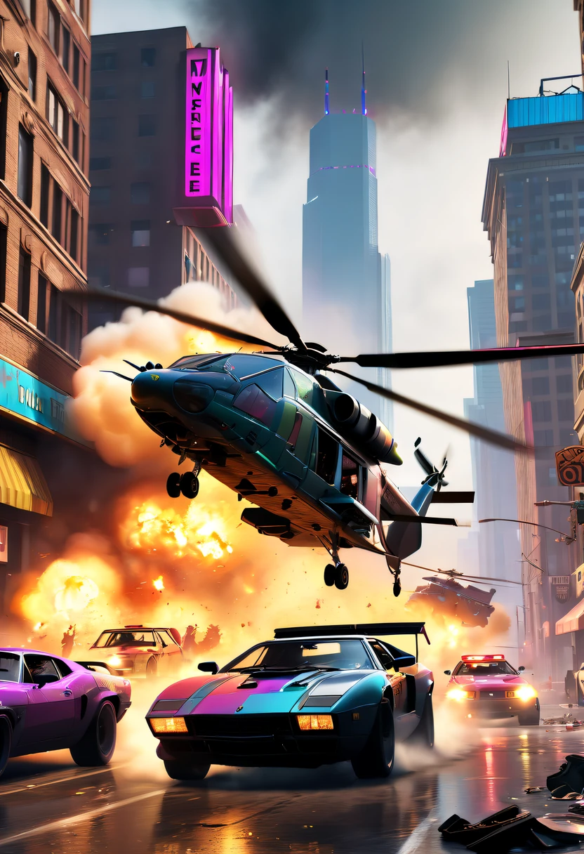 (Best quality at best,4K,8K,A high resolution,tmasterpiece:1.2),ultra - detailed,(actual,realisticlying,Photorealistic:1.37),GTA style showdown,explosive movement,high speed chase,Dystopian cityscape,Gang members,The helicopter circles,city on fire,dramatic lights,Street illuminated by neon lights,criminal mastermind,armed confrontation,Energetic graffiti,Motorcycle roars,Stylish getaway vehicle,Masked mercenary,heavy firearms,rush of excitement,Rain-soaked pavement,rotten building,Tires squeak,The sound of explosions filled the night,Suspenseful,nerve-wracking intensity,bullet time series,expensive sports car,rainbow colored smoke,Professional robbery planning,High-tech products,Illegal business,Underworld crime,dangerous mission,climactic ending,unpredictable twists and turns,Armageddontic chaos,Thrilling car stunts,emotional confrontation.