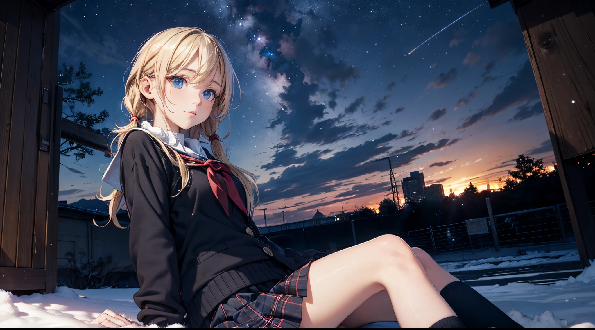 masutepiece,8K,octans, Skysky, stele(Skysky), landscapes, starrysky, natta, 1girl in, looks at the camera, piercing gaze, nigh sky, report, plein air, built, clouds, milkyway, sitting on, 城市, silhuette, Cityscape,(Short, Low twin-tailed blonde hair:1.2), (Deep Blue Eyes:1.iercing gaze, small smile, (winter school uniform:1.1)