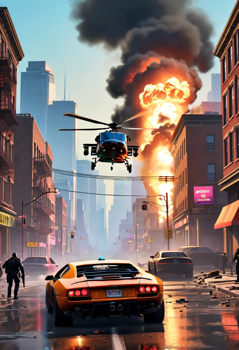 (Best quality at best,4K,8K,A high resolution,tmasterpiece:1.2),ultra - detailed,(actual,realisticlying,Photorealistic:1.37),GTA style showdown,explosive movement,high speed chase,Dystopian cityscape,Gang members,The helicopter circles,city on fire,dramatic lights,Street illuminated by neon lights,criminal mastermind,armed confrontation,Energetic graffiti,Motorcycle roars,Stylish getaway vehicle,Masked mercenary,heavy firearms,rush of excitement,Rain-soaked pavement,rotten building,Tires squeak,The sound of explosions filled the night,Suspenseful,nerve-wracking intensity,bullet time series,expensive sports car,rainbow colored smoke,Professional robbery planning,High-tech products,Illegal business,Underworld crime,dangerous mission,climactic ending,unpredictable twists and turns,Armageddontic chaos,Thrilling car stunts,emotional confrontation.