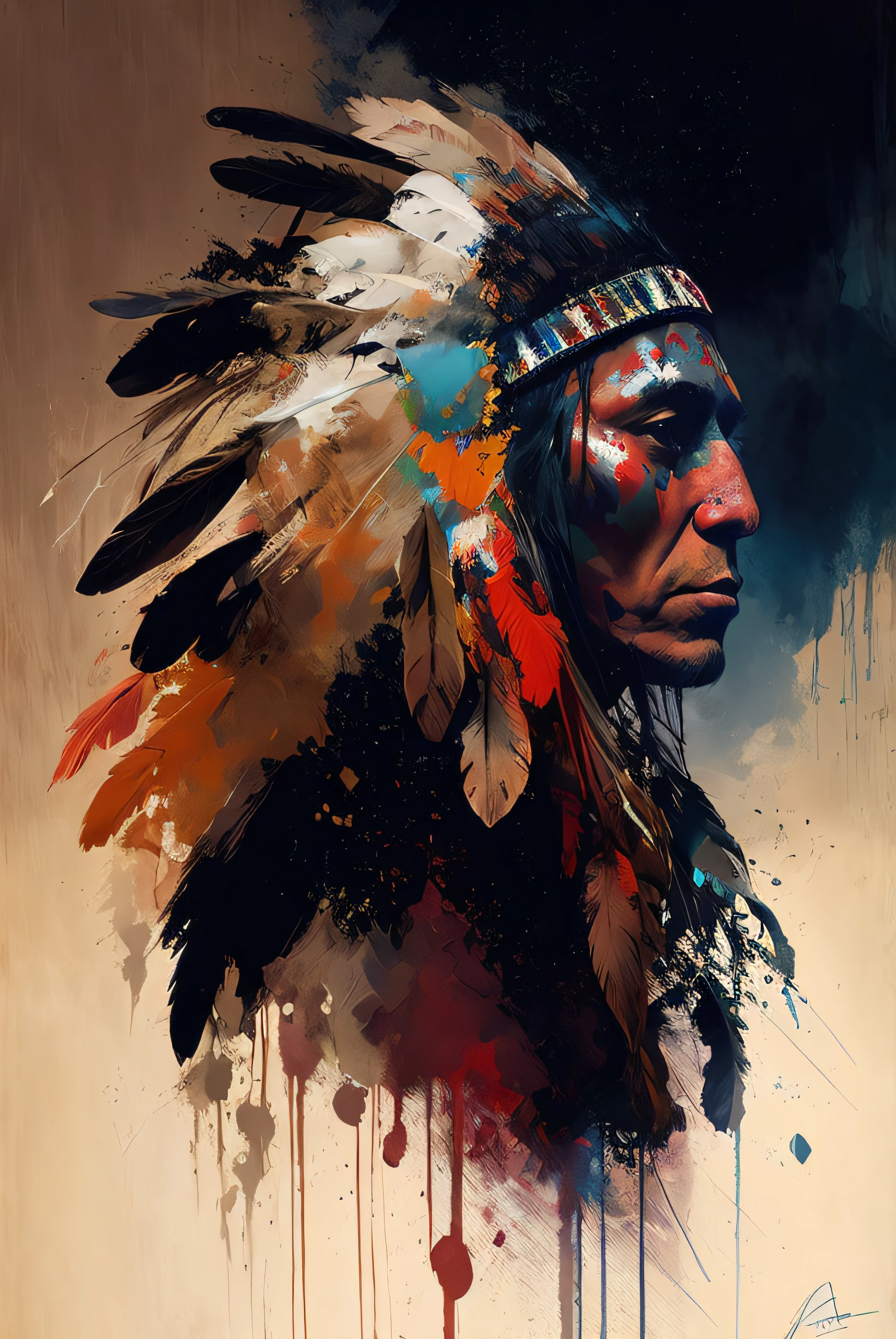 USE NEUTRAL COLORS ,  ABSTRACT PAINTING , a painting of a man with a feather headdress on his head, indian warrior, native american, native american art, native american warrior, native art, a native american warrior, tribal paint, red cloud, digital painting style, indian, indigenous, stunning art style, extremely high quality artwork, digital painting art, indigenous man, high quality digital painting