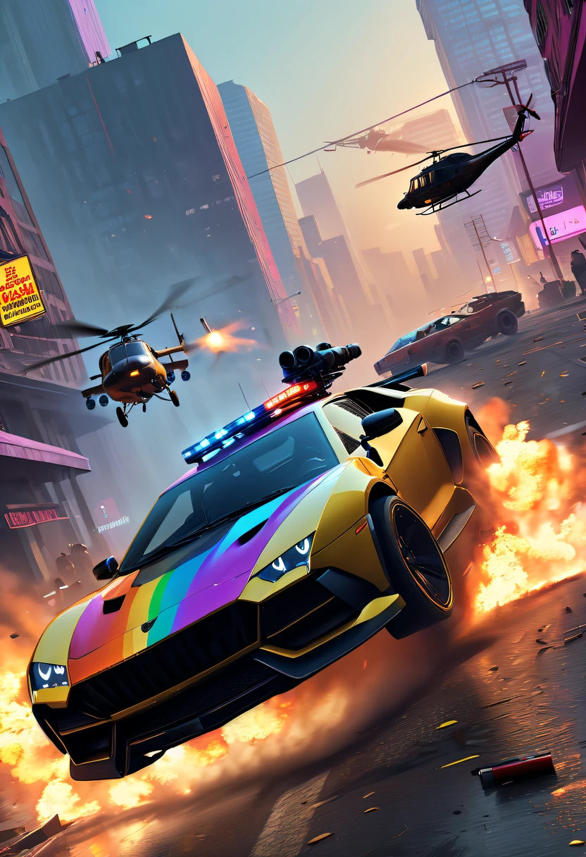 (Best quality at best,4K,8K,A high resolution,tmasterpiece:1.2),ultra - detailed,(actual,realisticlying,Photorealistic:1.37),GTA style showdown,explosive movement,high speed chase,Dystopian cityscape,Gang members,The helicopter circles,city on fire,dramatic lights,Street illuminated by neon lights,criminal mastermind,armed confrontation,Energetic graffiti,Motorcycle roars,Stylish getaway vehicle,Masked mercenary,heavy firearms,rush of excitement,Rain-soaked pavement,rotten building,Tires squeak,The sound of explosions filled the night,Suspenseful,nerve-wracking intensity,bullet time series,expensive sports car,rainbow colored smoke,Professional robbery planning,High-tech products,Illegal business,Underworld crime,dangerous mission,climactic ending,unpredictable twists and turns,Armageddontic chaos,Thrilling car stunts,emotional confrontation.