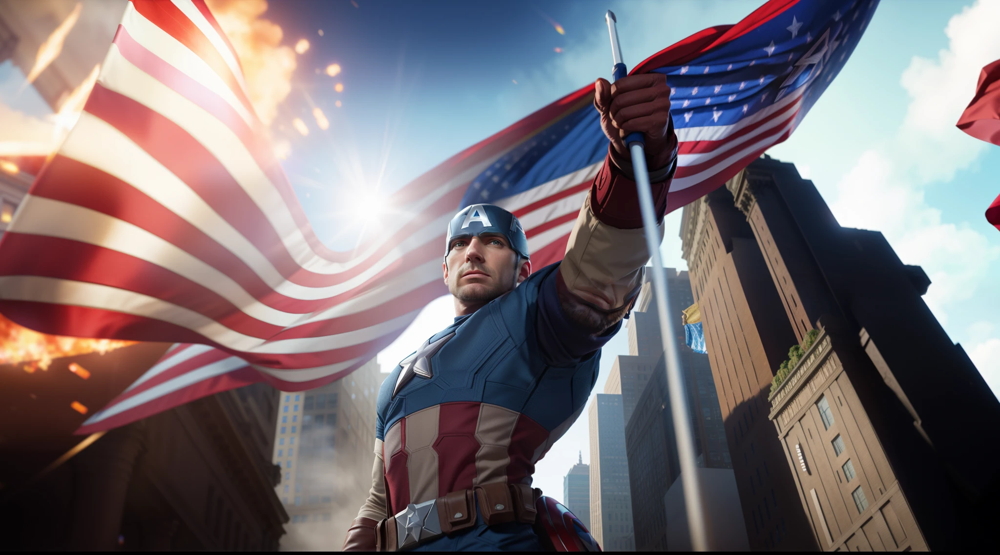 Captain America holding a flag in front of a building, Captain America, portrait of captain america, avatar aang as captain america, joe biden as captain america, octano render", octano render ", mr bean as captain america, walter white as captain america, bob ross as captain america, sua capa a bandeira americana, octane render cinematic, cg arte