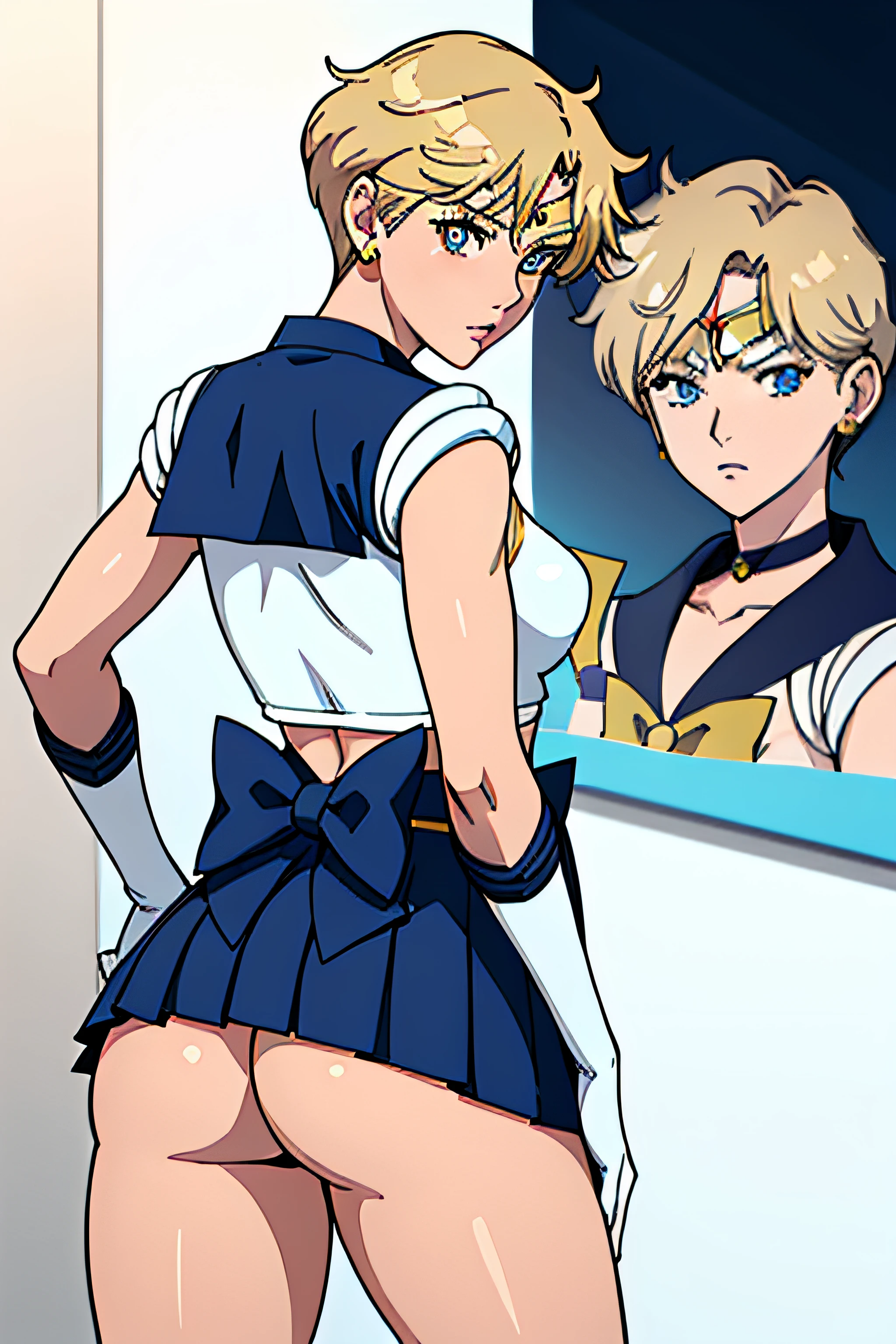 (La mejor calidad:1.1), (Obra maestra:1.4), (absurdos:1.0), retrato, primer plano,1girl, Marinero Urano, KizukiAi, Mujer madura, small breasts, aqua eyes, cabello rubio, Uniforme Sailor Senshi, Collar de marinero, arco de pecho, Arco trasero, Falda suplicante, Guantes blancos de codo, big booty, Ultra minifalda , jewely, Pendientes,, en postura de espalda, Show off your loot, Backwards, No hay tanga Big Booty, Ultra minifalda ( Postura de la espalda, Backwards, Show off your loot)