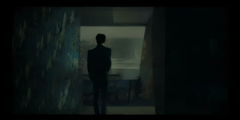 Fed man standing in dark room looking out the window, cinematic ligh《artill, Ethereal stills, screenshots from movies, Still from the movie, Still in the movie, stills from movies, movie frame still, Still from music videos, Art House Film Aesthetics, Still from live-action movies, Still from L&#39;Estate