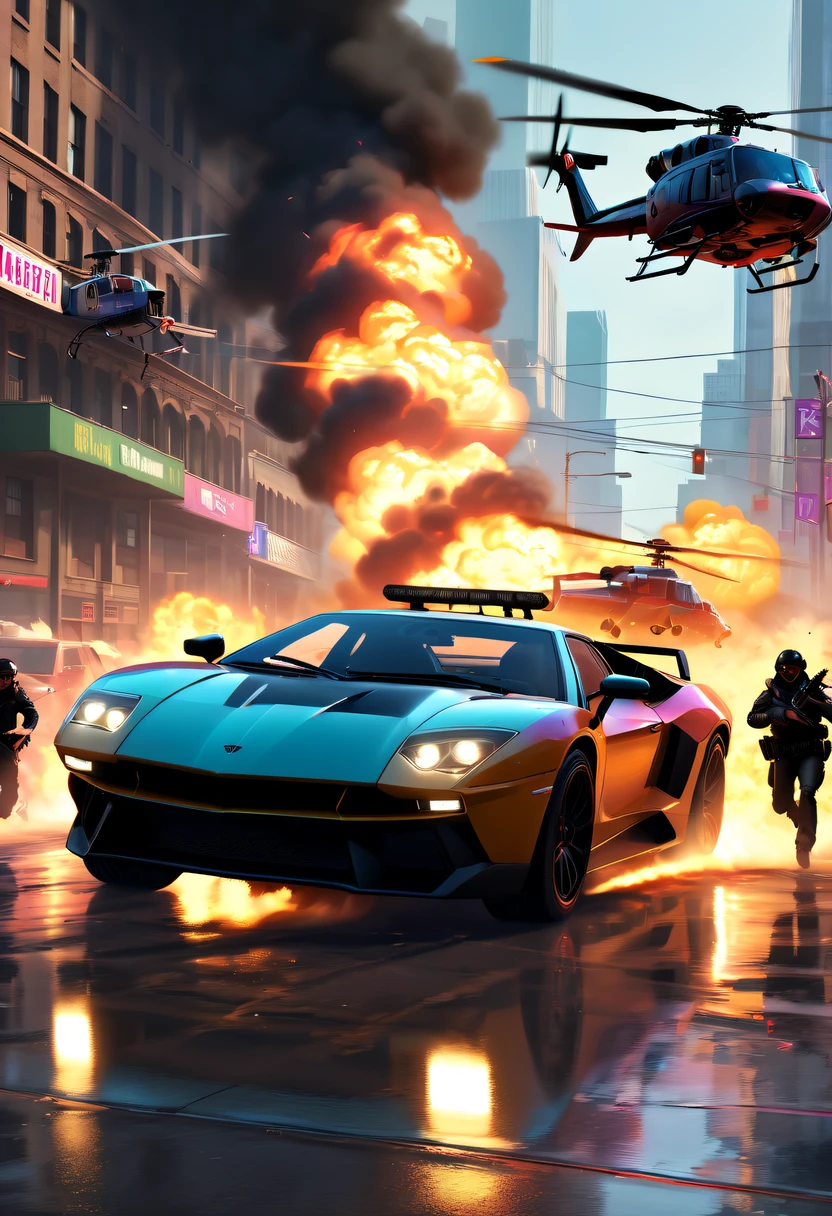 (Best quality at best,4K,8K,A high resolution,tmasterpiece:1.2),ultra - detailed,(actual,realisticlying,Photorealistic:1.37),GTA style showdown,explosive movement,high speed chase,Dystopian cityscape,Gang members,The helicopter circles,city on fire,dramatic lights,Street illuminated by neon lights,criminal mastermind,armed confrontation,Energetic graffiti,Motorcycle roars,Stylish getaway vehicle,Masked mercenary,heavy firearms,rush of excitement,Rain-soaked pavement,rotten building,Tires squeak,The sound of explosions filled the night,Suspenseful,nerve-wracking intensity,bullet time series,expensive sports car,rainbow colored smoke,Professional robbery planning,High-tech products,Illegal business,Underworld crime,dangerous mission,climactic ending,unpredictable twists and turns,Armageddontic chaos,Thrilling car stunts,emotional confrontation.