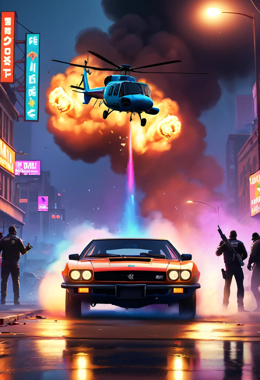 (Best quality at best,4K,8K,A high resolution,tmasterpiece:1.2),ultra - detailed,(actual,realistically,realistically:1.37),GTA style showdown,explosive movement,high speed chase,Dystopian cityscape,Gang members,The helicopter circles,city on fire,dramatic lights,Street illuminated by neon lights,criminal mastermind,armed confrontation,Energetic graffiti,Motorcycle roar,Stylish holiday car,Masked mercenary,heavy,impulse of excitement,Rain-soaked pavement,rotten building,Tires squeak,Explosions filled the night sky,Suspenseful,nerve-wracking intensity,Time series,expensive sports car,rainbow colored smoke,Professional planning,High-tech products,Illegal business,crime,dangerous mission,finale,unpredictable twists and turns,Armageddontic chaos,Thrilling car stunts,Emotional confrontation.