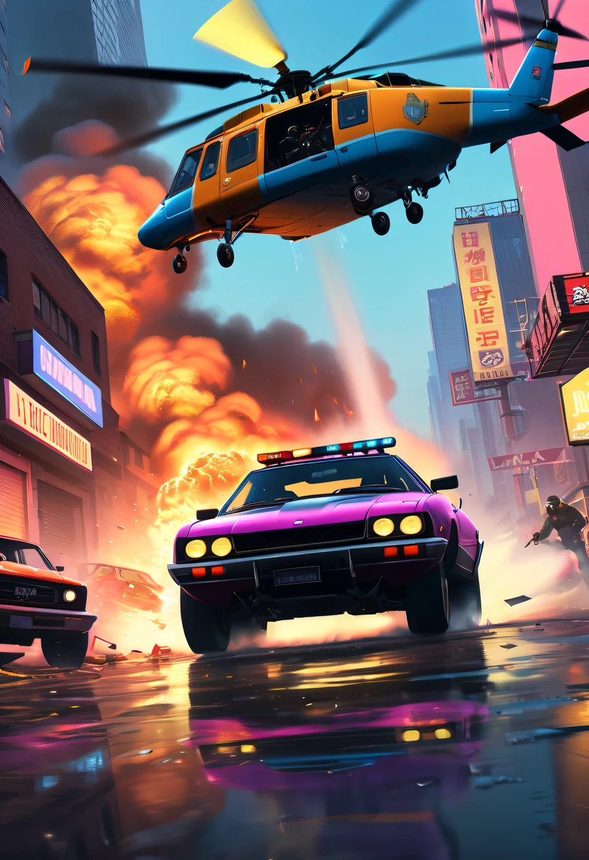(Best quality at best,4K,8K,A high resolution,tmasterpiece:1.2),ultra - detailed,(actual,realistically,realistically:1.37),GTA style showdown,explosive movement,high speed chase,Dystopian cityscape,Gang members,The helicopter circles,city on fire,dramatic lights,Street illuminated by neon lights,criminal mastermind,armed confrontation,Energetic graffiti,Motorcycle roar,Stylish holiday car,Masked mercenary,heavy,impulse of excitement,Rain-soaked pavement,rotten building,Tires squeak,Explosions filled the night sky,Suspenseful,nerve-wracking intensity,Time series,expensive sports car,rainbow colored smoke,Professional planning,High-tech products,Illegal business,crime,dangerous mission,finale,unpredictable twists and turns,Armageddontic chaos,Thrilling car stunts,Emotional confrontation.