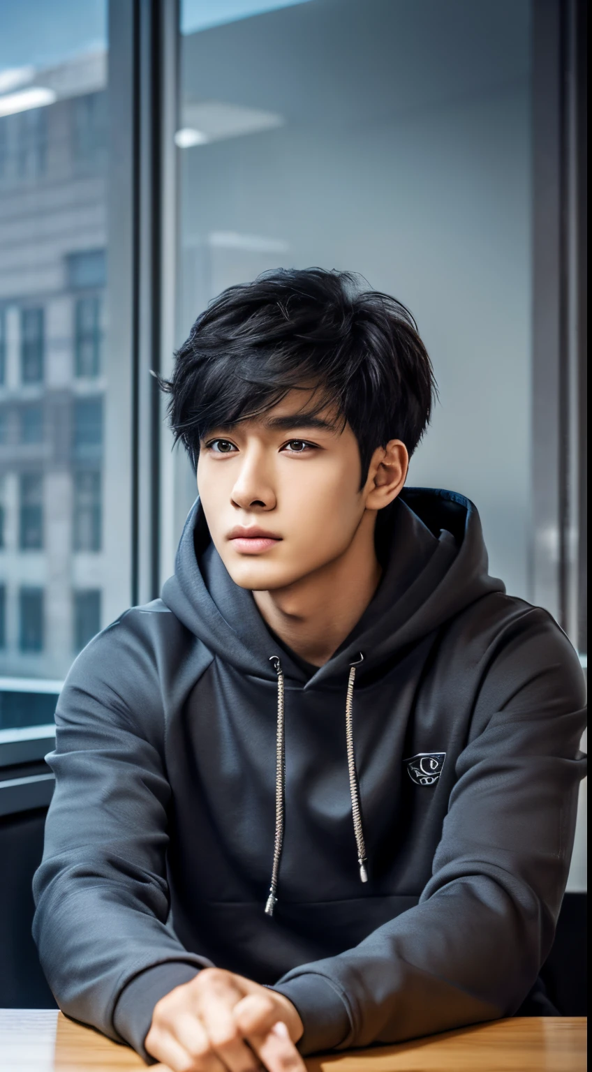 （Anime Pictures）Anime boy with short black hair wearing a gray hoodie sitting at an office desk., (Perform task 1.5) (Tired look 1.5) (Khan 1.3) (wallpaper company office 1.3) anime style 4 k, Animation rendering, Anime style. 8K, handsome anime face (Upper Body Display 1.2) (handsome boy 1.3) (cinematic light 1.5) (Profile view 1.8) (full shot 2)