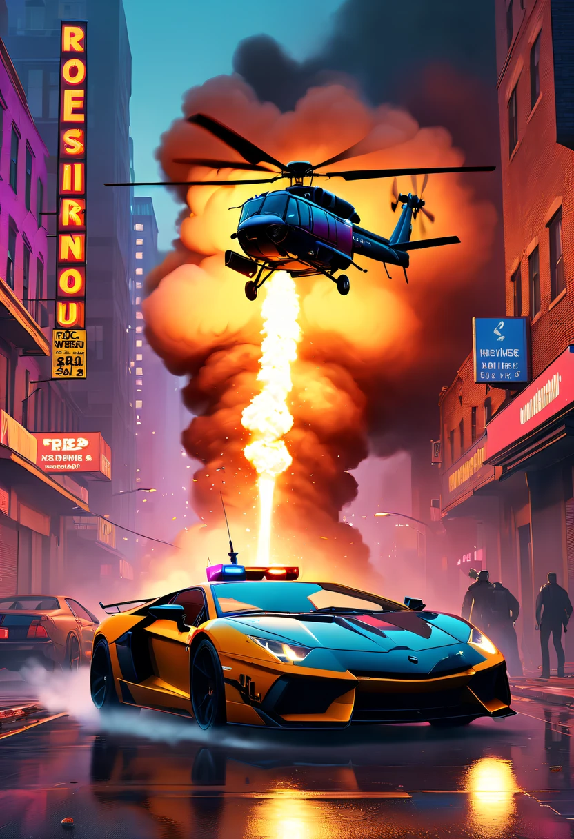 (Best quality at best,4K,8K,A high resolution,tmasterpiece:1.2),ultra - detailed,(actual,realistically,realistically:1.37),GTA style showdown,explosive movement,high speed chase,Dystopian cityscape,Gang members,The helicopter circles,city on fire,dramatic lights,Street illuminated by neon lights,criminal mastermind,armed confrontation,Energetic graffiti,Motorcycle roar,Stylish holiday car,Masked mercenary,heavy,impulse of excitement,Rain-soaked pavement,rotten building,Tires squeak,Explosions filled the night sky,Suspenseful,nerve-wracking intensity,Time series,expensive sports car,rainbow colored smoke,Professional planning,High-tech products,Illegal business,crime,dangerous mission,finale,unpredictable twists and turns,Armageddontic chaos,Thrilling car stunts,Emotional confrontation.