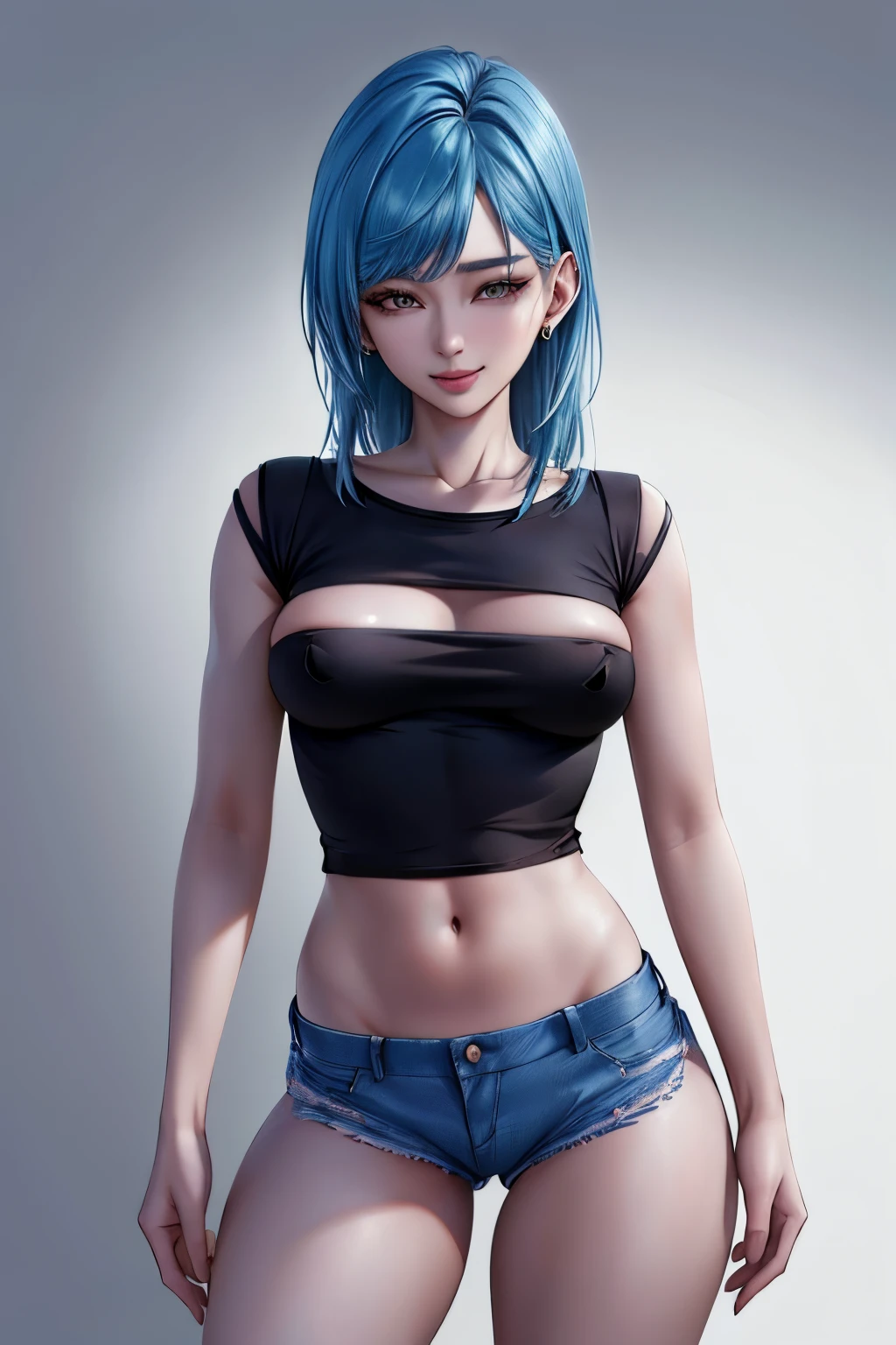 (8k, RAW photo, photorealistic:1.25), masterpiece, best quality, highres, dragon ball, blmshort, aqua hair, long hair, earrings, jewelry, (small Blue Raw Hem Denim Shorts, Ripped Holes Slash Pockets Distressed Slim Fit), medium breasts, smile, ( lip gloss, eyelashes, glossy side, shiny skin, best quality, ultra high resolution, depth of field, chromatic aberration, caustic, wide light, natural shadow, kpop idol)