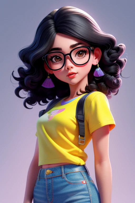 Make hair longer, and put her on a Concert, 16-year-old woman Spanish Araf looking black curly hair clear face wearing glasses betty la fea big eyebrows (detailed),cute clear face,detailed unblurred face,alanis guillen-like,illustrative medium,oil painting medium,soft brush strokes,pencil sketch details,vibrant colors,stylish and modern background, black t-shirt black shirt from cover of Taylor Swift and jeans, tumblr, toyism, eighties look, 90s style, 9 0 s vibe, 90’s vibe vivid and dreamy lighting,shadow play-contrast lighting,best quality,high-res masterpiece:1.2,detailed and realistic,sharp focus,professional,stunning bokeh