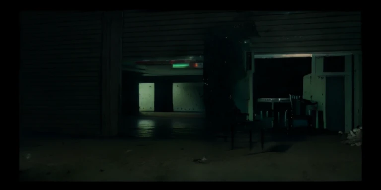 Fed man in a dark room,With suitcase and chair, taken from a movie, Stunningly moody cinematography, Still from music videos, cinematic opening shot, Dark eerie movie frames, moody cinematography, Movie stills, in roger deakins style, Atmospheric cool color-level, low quality footage
